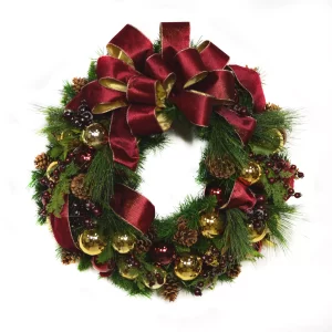 26" Evergreen Holiday Wreath with Berries, Ornaments and a Large Bow