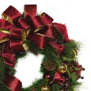 26" Evergreen Holiday Wreath with Berries, Ornaments and a Large Bow