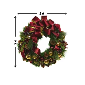 26" Evergreen Holiday Wreath with Berries, Ornaments and a Large Bow