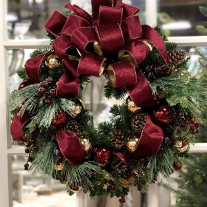 26" Evergreen Holiday Wreath with Berries, Ornaments and a Large Bow