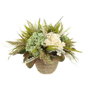 Fall Arrangement with Hydrangeas, Pampas and Wheat in a Rope Pot