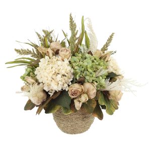 Fall Arrangement with Hydrangeas and Roses in a Rope Pot