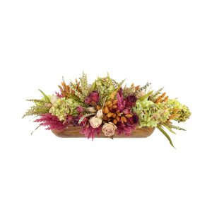 Fall Centerpiece with Hydrangea and Rose in a Wood Planter