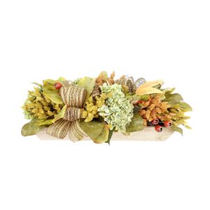 Fall Centerpiece with Hydrangea and Pinecone in a Wood Planter