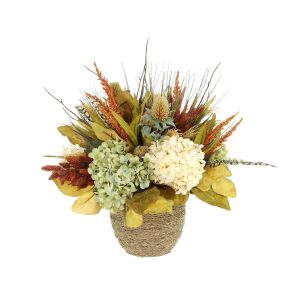 Fall Arrangement with Hydrangea, Thistle and Wheat