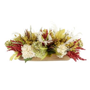 Fall Centerpiece with Hydrangea, Pampas and Heather in a Wood Planter