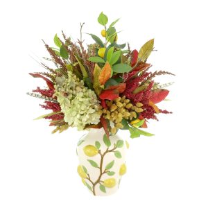 Fall Arrangement with Hydrangeas and Heather in a Decorative Lemon Vase