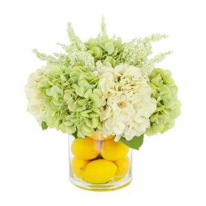 Hydrangea, Heather and Lemon Arrangement in a Clear Glass Vase