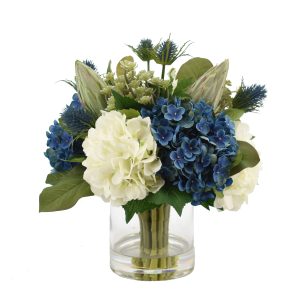 Assorted Hydrangeas, Blue Thistle, Cactus and Protea in Glass Vase