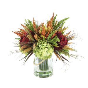 Assorted Hydrangea and Heather Fall Arrangement in Glass Vase
