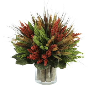 Heather and Wheat Arrangement in a Glass Vase with Birch Sticks