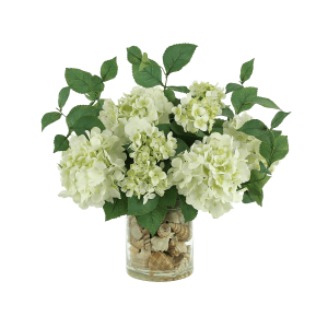 Hydrangea Floral Arrangement in a Glass Vase with Seashells