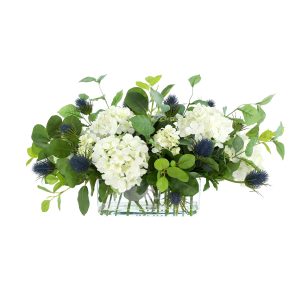 Hydrangea and Thistle Floral Arrangement in a Glass Vase