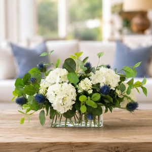 Hydrangea and Thistle Floral Arrangement in a Glass Vase