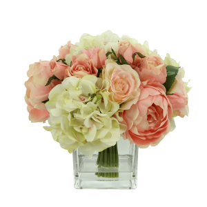 Rose, Peony and Hydrangea Arrangement in a Glass Vase