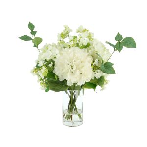 Blooming Hydrangeas and Viburnum in a Glass Vase