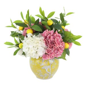 Hydrangea and Lemon Arrangement in Decorative Ceramic Vase