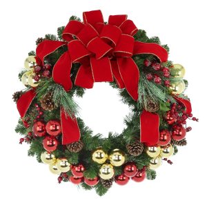 26" Holiday Wreath with Pinecones, Berries, Ornaments and Ribbon