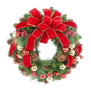26" Holiday Evergreen Wreath with Berries, Ornaments, and Bow