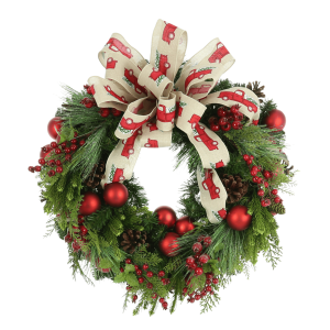 26" Evergreen Wreath with Berry Picks, Red Ornaments and Truck Print Ribbon