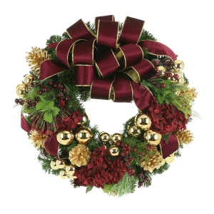 26" Holiday Wreath with Hydrangeas, Pinecones and Ornaments