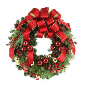 32" Holiday Wreath with Pinecones, Berries, Ornaments and Ribbon