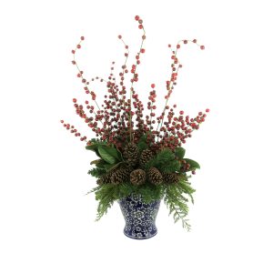 Evergreen and Berry Holiday Arrangement in Decorative Vase