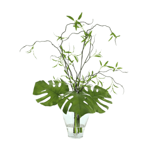 Philodendron Leaf and Willow Branch Arrangement in Glass Vase