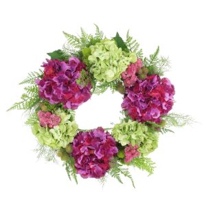 23" Assorted Hydrangea Wreath with Sedum and Fern Leaves