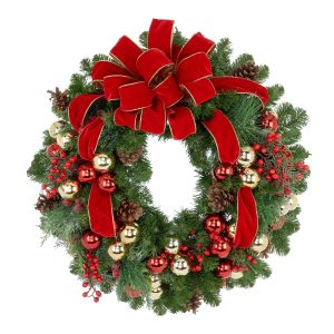 32'' Holiday Wreath with Ornaments, Pinecones and Velvet Bows